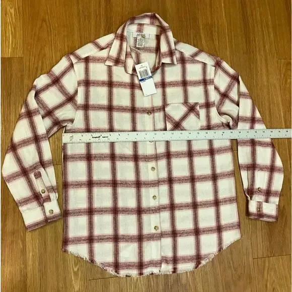 Just Polly Juniors Girlfriend Frayed-Hem Plaid Shirt Size XS - Picture 4 of 5